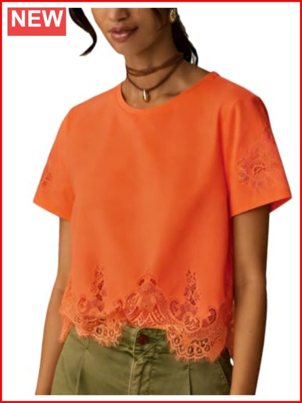 Women's Cropped Lace Trim T-Shirt Cotton Spandex Crew Neck Short Sleeve Summer